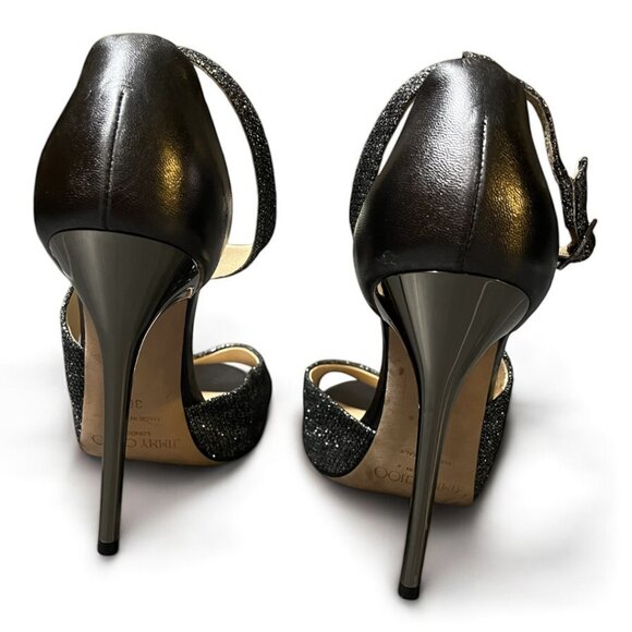 Jimmy Choo Tyne Anthractive Asymmetrical Gunmetal Glitter Heel Sandals - Picture 5 of 8